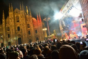 Milan,Italy-January 1, 2016: A view to the New Year concert at the Milan Duomo square by night.